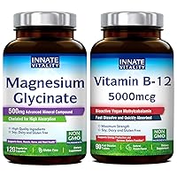 Magnesium Glycinate & Vitamin B12 Bundle, No Gluten & Vegan, Magnesium (120 Caps) & Vitamin B12 (90 Fast Dissolve Tabs), Value Pack, Bundle & Save