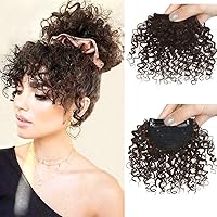 Afro Kinly Curly Bangs Clip in Hair Extensions Natural Fake Fringe Bangs Short Curly Human Hair Bangs Clip on Hair Piece Jerry Curly Fringe Hair 4# Dark Brown Color