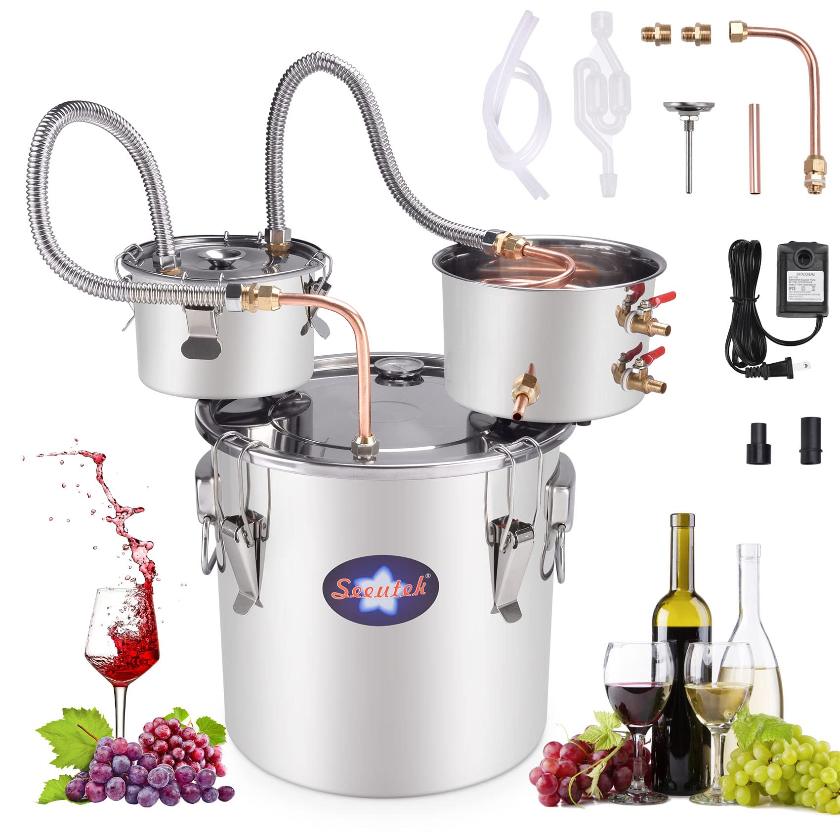 Suteck Alcohol Still 13.2Gal 50L Stainless Steel Alcohol Distiller Copper Tube Spirit Boiler W/Thumper Keg and Build-in Thermometer for Home Brewing and DIY Whisky Wine Brandy Making, Included Pump