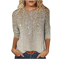 Women 3/4 Sleeve T Shirt Loose Blouse Tee Rhinestone Print Tunic Tops Round Neck Glitter Printed Pullover Blouses Top