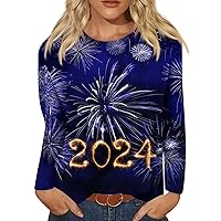 New Years Outfits Women Ladies Tops and Blouses New Years Casual Long Sleeve Happy New Year 2024 Printed Round Neck Tops