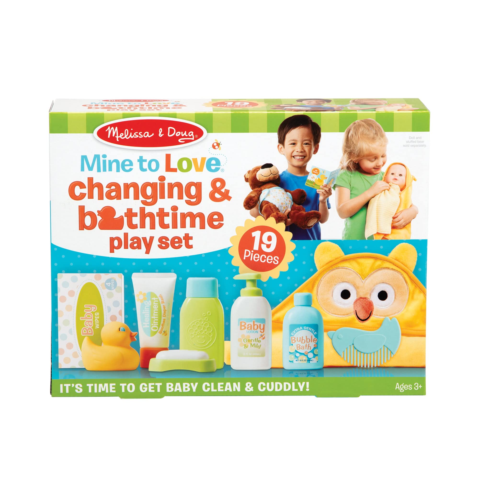 Melissa & Doug Mine to Love Changing & Bathtime Play Set for Dolls – Diapers, Pretend Shampoo,Wipes, Towel, More (19 pcs)