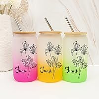 Glass Can Coffee Cup W/Lids Straws 16 Oz Birth Flower Frosted Glass with Name Cute Customized Christmas Gifts Drinking Cup Set for Iced Coffee Proposal Co-work Girlfriend Gifts
