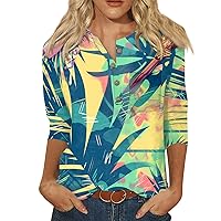 3/4 Sleeve Summer Tops for Women Plus Size Button Down Blouses Dressy Casual Cooling Printed Shirts Trendy Graphic Tees