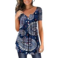 Tunic Tops to Wear with Leggings 3/4 Sleeve Dressy Womens Short Sleeve Button Neck Flower Printed Pleated T Sh