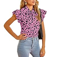 Women's Summer Tops Bow Tie Neck Sexy Leopard Cuff Chiffon Elegant Blouse Breathable Work Wear Ruffle Mock Shirt