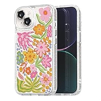 Compatible for iPhone 15 Case Cute Aesthetic - Glitter Clear Phone Case with Camera Protector - Girly Passion Flower Pattern Print Cover Design for Woman Girl 6.1