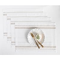 Solino Home French Stripe Linen Placemats 14 x 19 Inch – 100% Pure Linen Natural and White Placemats Set of 4 – Machine Washable Cloth Fabric Placemats