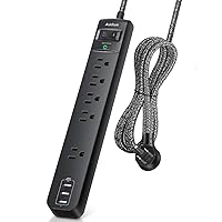 10 Ft Power Strip Surge Protector- 5 Outlets 3 USB Ports, Flat Plug Braided Extension Cord, Overload Surge Protection, Wall Mount for Hotel, Home and Office.