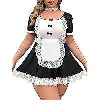 WDIRARA Women's Plus Size 5 Piece Costume Dress Bow Front Contrast Lace Belted Maid Lingerie