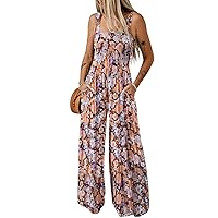 Happy Sailed Womens Overalls Casual Floral Print Sleeveless Jumpsuit High Waist Wide Leg Romper Jumpsuits with Pockets