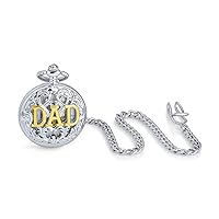 Bling Jewelry Personalize It Vintage Style Open Face Two Tone Daddy Father Gift Word DAD Pocket Watch for Men Numeral Skeleton Dial Gunmetal Gold Silver Plated Finish with Long Pocket Chain