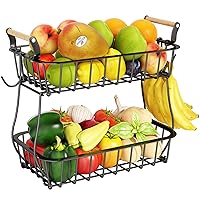 ANTOPY 2 Tier Fruit Basket with 2 Banana Hangers, Countertop Fruit Vegetable Basket Bowl for Kitchen Counter Metal Wire Storage Basket Fruits Stand Holder Organizer for Bread Snack Veggies Produce