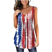 July 4th Women Distressed Tie Dye Henley Tank Tops Summer American Flag Casual Button V-Neck Tunic Sleeveless Tees