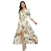 VintageClothing Women's Floral Maxi Dresses with Sleeves Flowy Boho Beach Dress