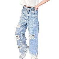 Kids Girls' Casual Wide Leg Baggy Ripped Jeans Cool Loose Fit Distressed Denim Pants Size 5-14 Years