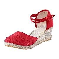 Sandals For Women Close Toe Wedges Chunky High Heel Linen Knitted Buckle Soft Casual Beach Solid Lightweight Breathable Shoes