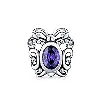 Garden Insect Springtime Butterfly Simulated Amethyst CZ Charm Vintage Style Barrel Bead Oxidized .925 Sterling Silver For European Bracelet