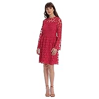 Donna Morgan Women's Long Sleeve Chemical Lace Dress with Above The Knee Skirt, Bright Rose, 4