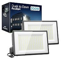 Olafus 200W Dusk to Dawn LED Outdoor Lighting Plug in, 18000LM Flood Lights Outdoor, IP66 Waterproof Exterior Floodlight with Photocell, 6500K Security Light for Stadium Court Lawn, 2 Pack