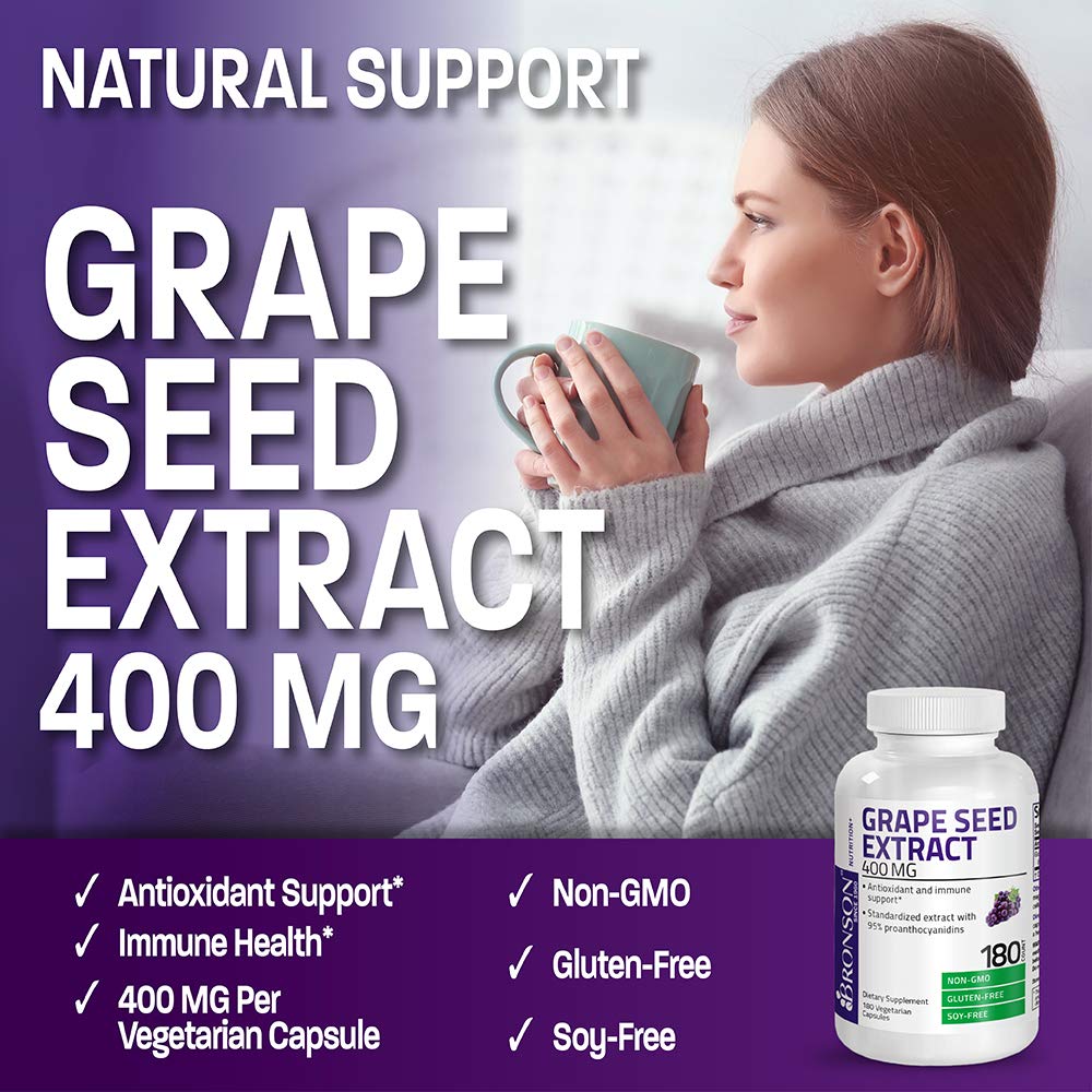 Bronson Grape Seed Extract 400 mg - Antioxidant & Immune Support - Standardized Extract with 95% Proanthocyanidins- Non GMO, 180 Vegetarian Capsules