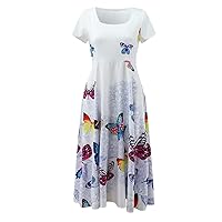 Summer Dress for Women Floral Print Elegant Short Sleeve Flowy Maxi Long Dress Casual Fashion Party Daily Dress