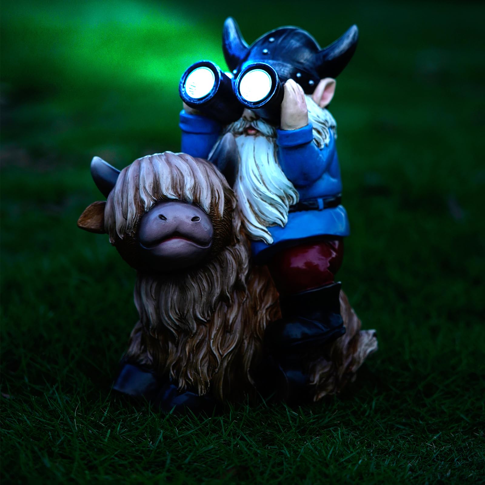 Joint Honglin Garden Gnome Statues Resin Gnome Sitting on Highland Cow Solar LED Lights Outdoor Telescope Gnome Gifts for Yard, Patio Decor (Cow Gnome)