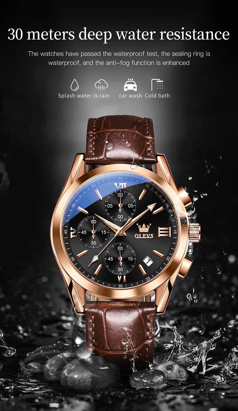 OLEVS Watches Mens Brown Leather Chronograph Fashion Business Sport Wrist Watch Analog Quartz Rose Gold Date Day Waterproof Male Watches