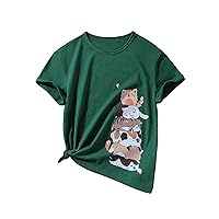 Girl's Summer Tee Tops Cartoon Print Short Sleeve Round Neck Casual Cute T Shirt for Girls