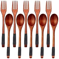 Wooden Spoons Forks Set Japanese Style Wooden Utensils Set for Eating Wood Set Reusable (Black,10 Pieces)
