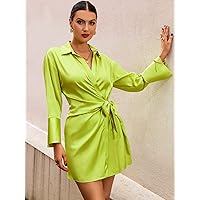 Summer Dresses for Women 2022 Drop Shoulder Knot Side Satin Dress Dresses for Women (Color : Green, Size : Small)
