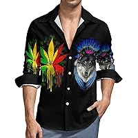 Weed Leaf Indian Wolf Men's Button Down T Shirts Long Sleeve Casual Hawaiian Shirt Pocket Print Top