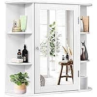 ARLIME Bathroom Mirror Cabinet, Wall Mounted Medicine Cabinet, Single Door Storage Organizer with 4 Internal Shelves and 6 Open Racks, Space Saver Wooden Hanging Cabinet, White
