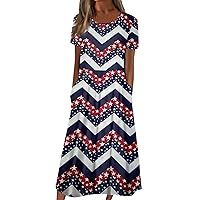 Womens July 4th Short Sleeve Dresses Summer Casual Fashion Independence Day Printed Round Neck Dress with Pocket