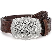 Women Men Western Genuine Leather Belt Cowgirl Cowboy Floral Engraved Tooled Belt Strap Embossed Scrollwork Buckle