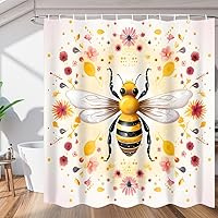 Honeybee Floral Shower Curtain for Bathroom Decor, Honeybee 72x72in Bath Curtains, Waterproof Bathroom Curtains with Hooks for Bathtubs