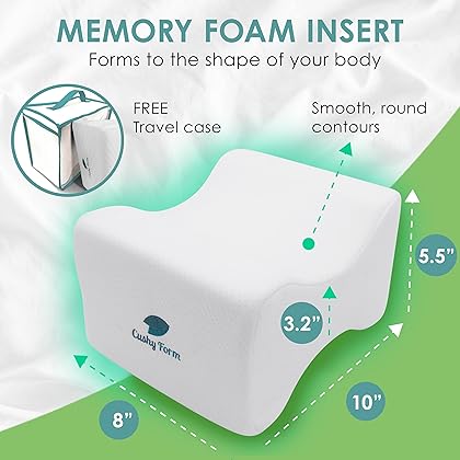 Cushy Form Knee Pillow for Side Sleepers - Large Orthopedic Wedge Leg Pillow for Sleeping and Hip & Lower Back Pain - Contour Memory Foam Cushion for Pregnancy, Washable Cover & Travel Bag, White