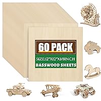 60 Pack Basswood Sheets 12x12x1/8 Inch for Crafts，Unfinished Wood for Laser Cutting & Engraving，Wood Burining，Plywood for Architectural Models.
