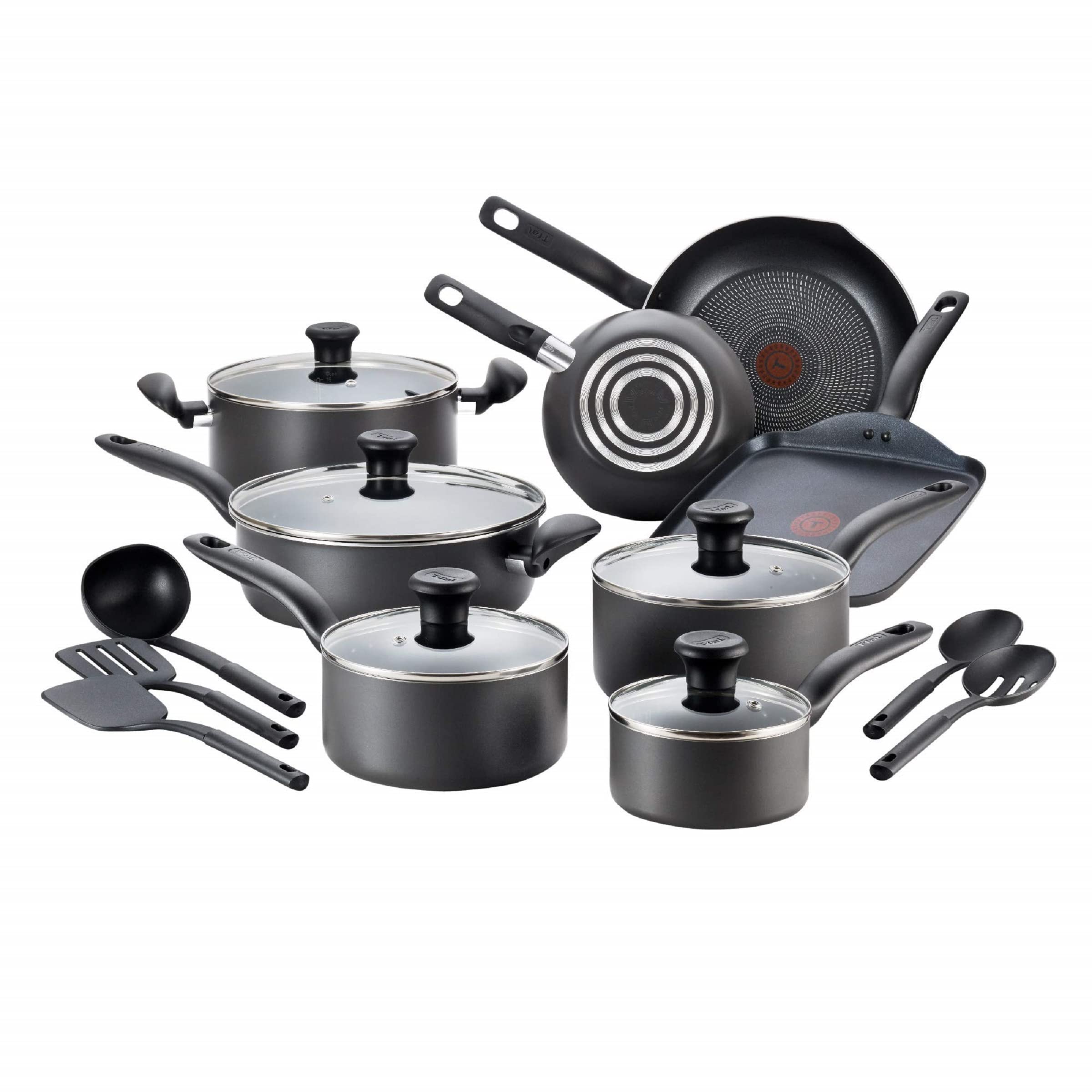 T-fal Initiatives Nonstick Cookware Set 18 Piece Pots and Pans, Dishwasher Safe Black