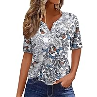 Womens Tops Dressy Casual 2024 Fashion Versatile Butterfly Print Pretty Shirts Short Sleeve Henry Neck Tops