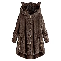 Andongnywell Women's Fuzzy Fleece Ear Hoodie Coats Cute Teddy Ear Hooded Long Sleeve Jacket Overcoats (Coffee,Small)