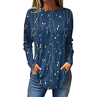 Womens Blouses Long Sleeve Cute Tops Fall Shirts Dressy Casual Floral Tunics Tops Plus Size Crew Neck Sweatshirts