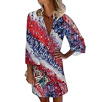July 4th Dress for Women Patriotic Dress for Women Sexy Casual Vintage Print with 3/4 Length Sleeve Deep V Neck Independence Day Dresses Royal Blue Small