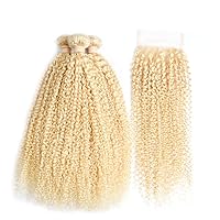 Kinky Curly 613 Blonde Virgin Hair 3 Bundles With Lace Closure Brazilian Curly Honey Blonde Human Hair Bundles (18 18 20 with 16, curly 613 hair)
