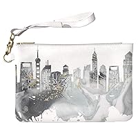 Makeup Bag 9.5 x 6 inch New Cosmetic Gray Print PU Leather Toiletry Zipper Travel Case White Strap Accessories Purse Pouch Elegant Portable Organizer Design Paint Skyscrapers Art Storage Urban