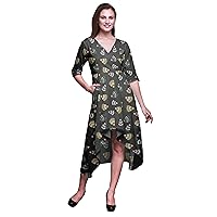 Bimba Cotton Printed Women’s Asymmetrical Short Shift Dress with Pockets Casual V Neck Midi Dress