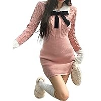 Elegant Knitted Sweater Dress Women Bow Y2k Mini Dress Outwear Slim One Piece Dress