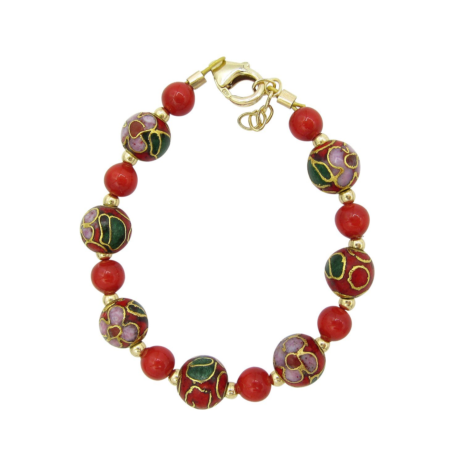 Spring Red Simulated Pearl with Cloisonne bead luxury gold keepsake baby girl bracelet (B1705)