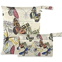 visesunny Vintage Butterfly 2Pcs Wet Bag with Zippered Pockets Washable Reusable Roomy Diaper Bag for Travel,Beach,Pool,Daycare,Stroller,Diapers,Dirty Gym Clothes,Wet Swimsuits,Toiletries