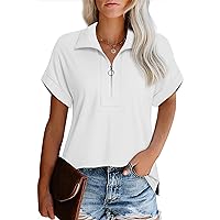 Vivilli Women's Short Sleeve Tops and Blouses Zipper Collar V Neck Business Casual Tops Loose Fit Tunic Shirt Polo Shirts